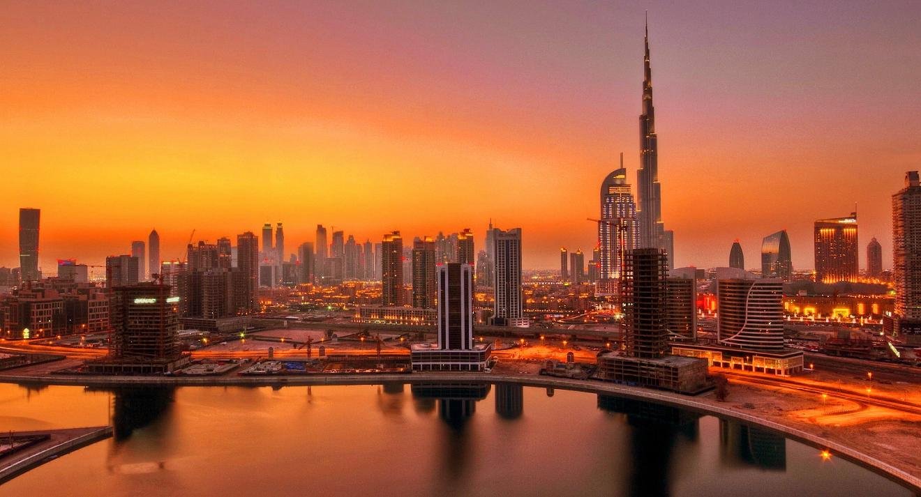 Dubai skyline with Burj Khalifa at golden hour
